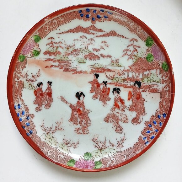 Antique Eggshell Thin Porcelain Hand-painted Geisha Japan 2 Cups with Saucers - Picture 6 of 16